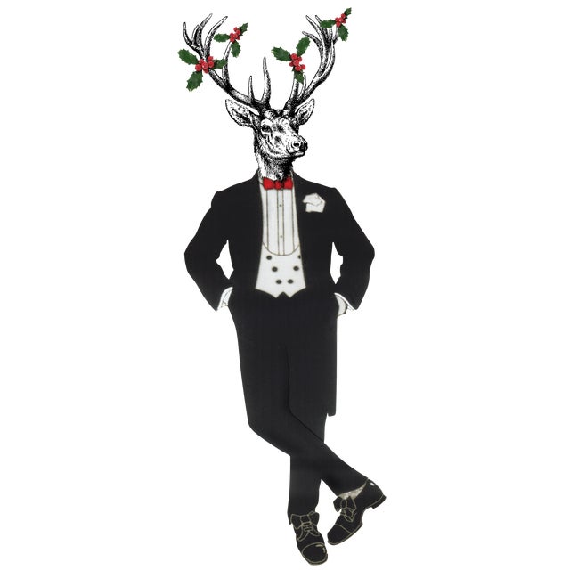 Contemporary Reindeer in Tuxedo Pillow For Sale - Image 3 of 4