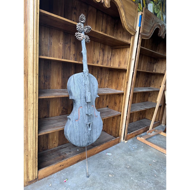 Large 67" Hand-Carved Wooden Cello Sculpture With Pinecone Tuning Pegs – Folk Art For Sale - Image 10 of 16