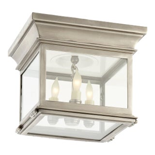 Chapman & Myers for Visual Comfort Signature Club Small Square Flush Mount in Antique Nickel with Clear Glass For Sale