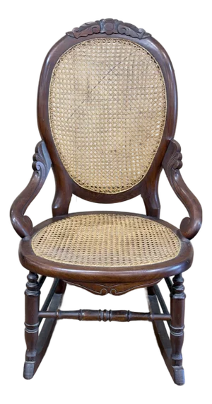 Vintage Victorian Mahogany Cane Back Rocking Chair With Carved Crest