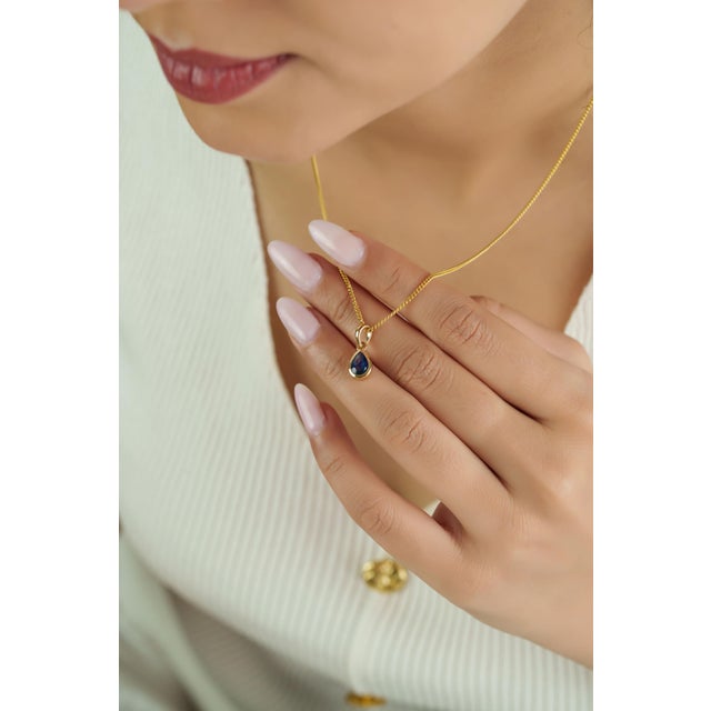 Handcrafted Natural Pear-Cut Blue Sapphire Solitaire Pendant in 14k Yellow Gold For Sale - Image 10 of 15