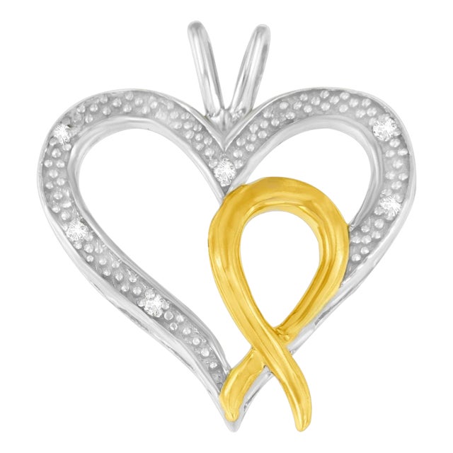 .925 Sterling Silver Two Toned 1/25 cttw Diamond Heart-Ribbon Pendant Necklace For Sale