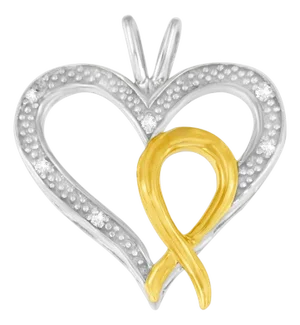 .925 Sterling Silver Two Toned 1/25 cttw Diamond Heart-Ribbon Pendant Necklace