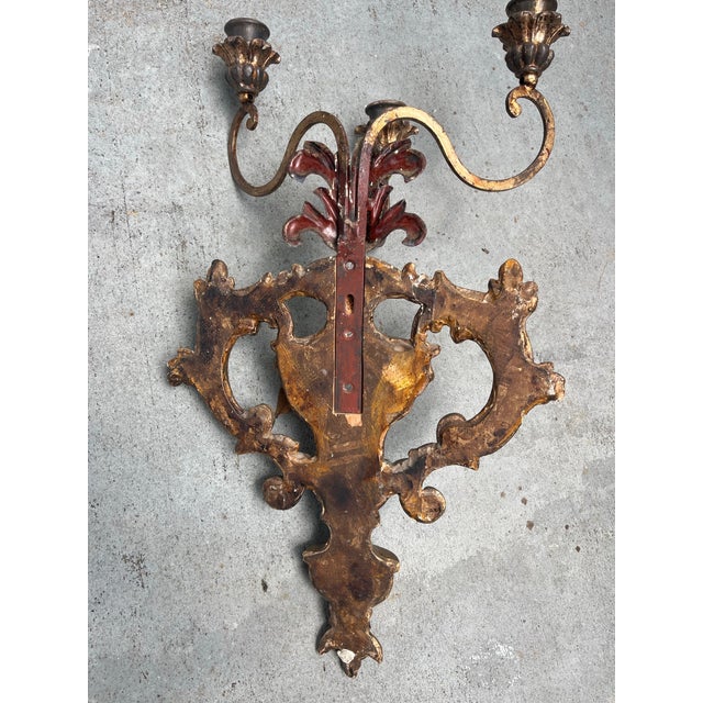 Wood Pair of Louis XVI Style Mid-Century Italian Hand Carved Candle Wall Sconces. For Sale - Image 7 of 9