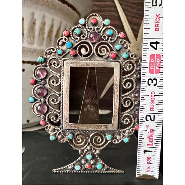 Vintage Sterling Silver Taxco Picture Frame, Turquoise Coral Amethyst Gemstones For Sale - Image 10 of 12