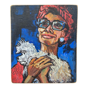 Original Oil Portrait of Woman and Pet White Maltese or Shih Tzu Dog British Signed Pet Portrait