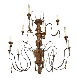 Monumental 18th C Style Italian Giltwood 12 Light Chandelier For Sale