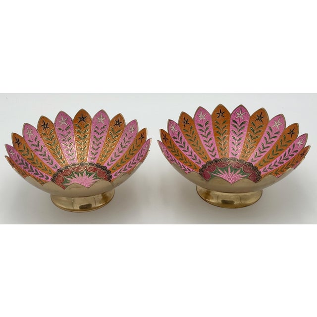 Pair of Boho Brass & Pink Enameled Lotus Bowls by Sarreid Ltd. For Sale In West Palm - Image 6 of 9