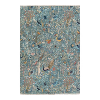 Blue Peacock Birds Garden Scene Soft Hand Knotted Hand Spun Wool Rug 9x12Ft. For Sale