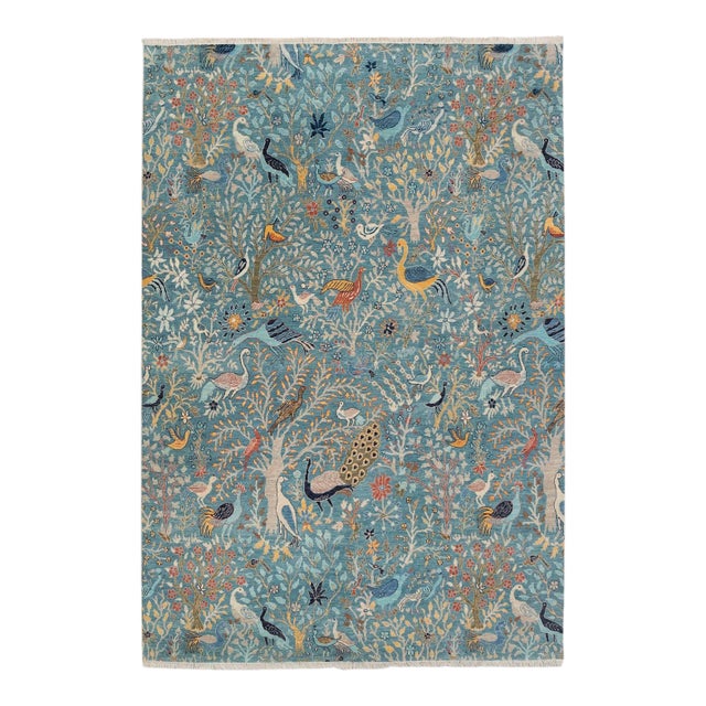 Blue Peacock Birds Garden Scene Soft Hand Knotted Hand Spun Wool Rug 9x12Ft. For Sale