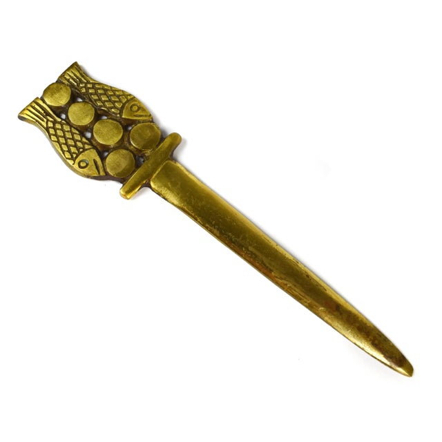 1966 Solid Brass Terra Sancta Stratum Double Fish Envelope Opener Made in Israel For Sale - Image 6 of 6