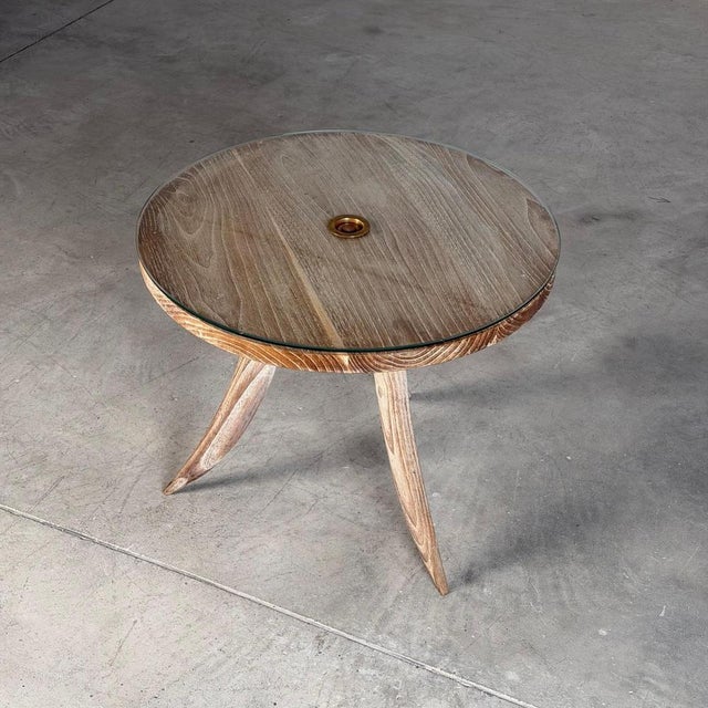 French Bleached Oak Side Table with Glass Top and Brass Detail, 1940s For Sale - Image 6 of 18