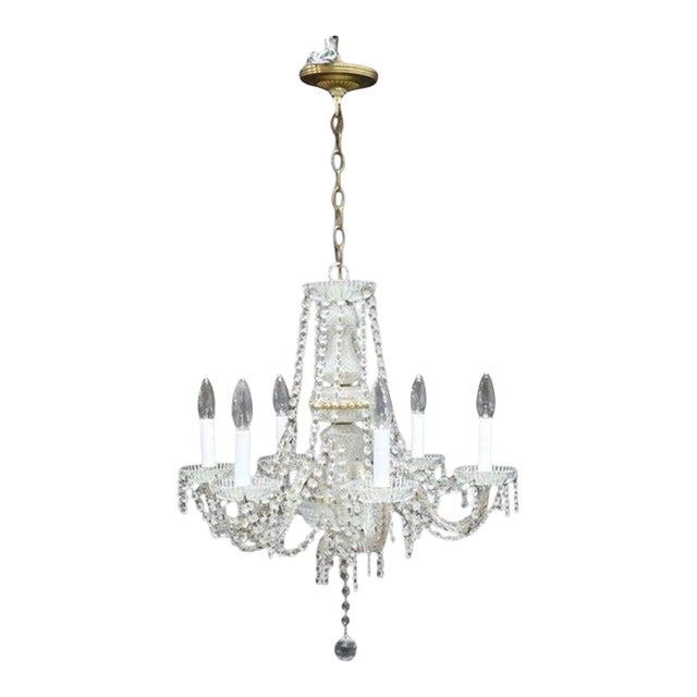 Vintage Crystal, Glass & Brass 6-Light Chandelier C1940 For Sale