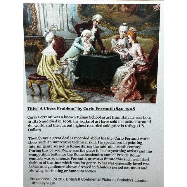 Oil Painting a Chess Problem Italian Genre Interior of Chess, Society and Strategy Signed by Carlo Ferranti For Sale - Image 12 of 12
