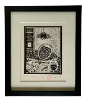 1980s "Seeing" Numbered Woodblock Carving Print of a Bird, Framed