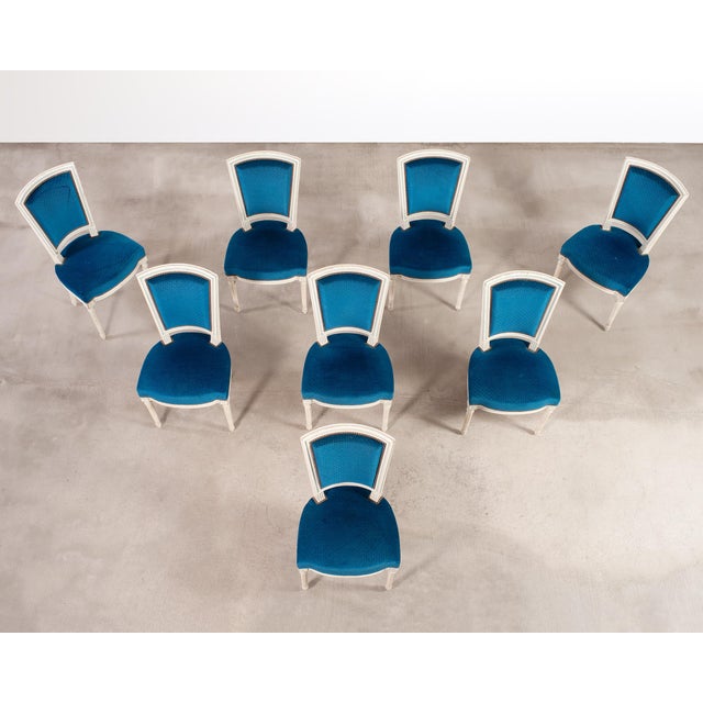 French Set of Eight Louis XVI Style Painted Dining Chairs in Blue Velvet For Sale - Image 3 of 18