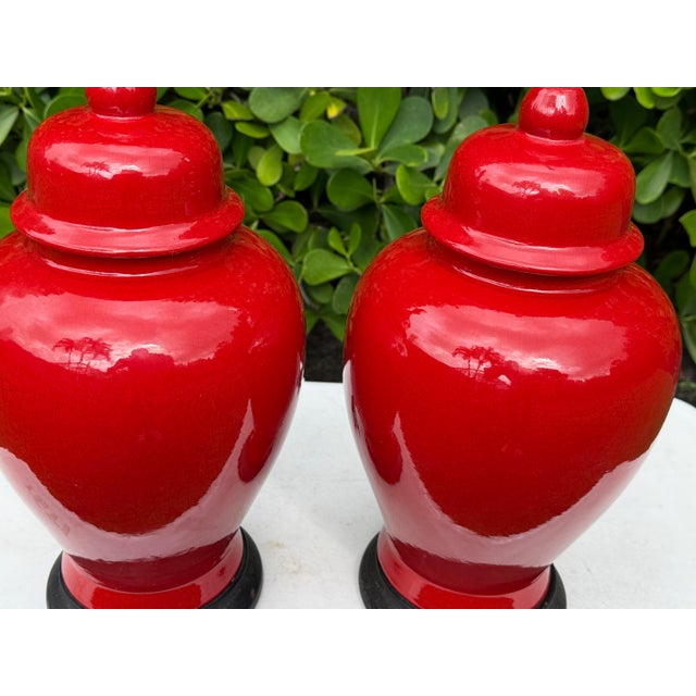 Vintage Crackle Glazed Red Ceramic Table Lamps, Pair For Sale In Naples, FL - Image 6 of 10