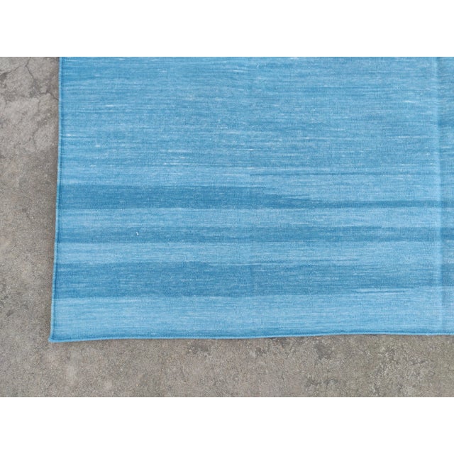 Handmade Cotton Vegetable Dyed Reversible Solid Sky Blue Rug Dhurrie - 9'x12' For Sale - Image 10 of 11