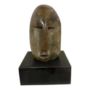 Hand Carved Stone Head of a Monkey Sculpture (8” High), Signed