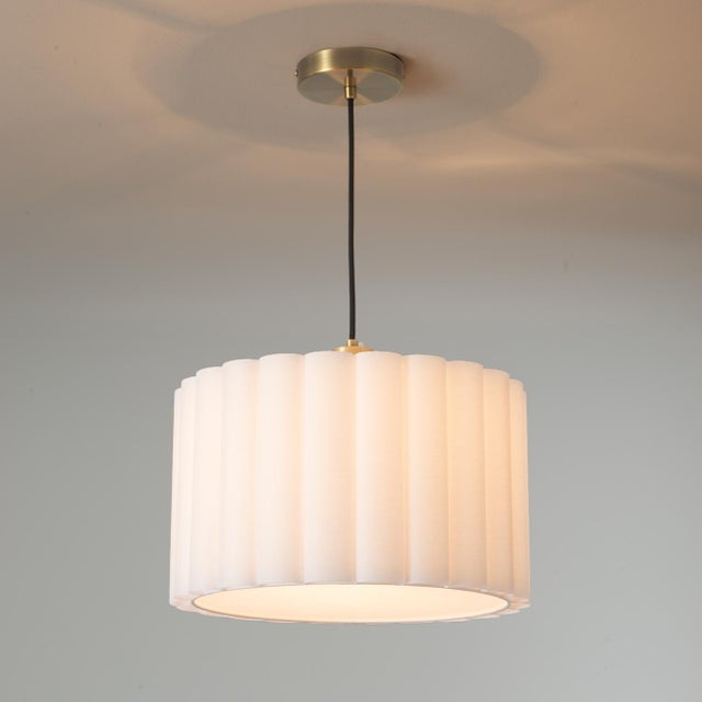 1970s Scalloped Pendant Light - Weathered Brass, White Linen, Diffuser, Dimmable For Sale - Image 5 of 7