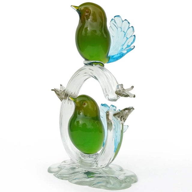 Murano Salviati Murano Vintage Sommerso Green Yellow Birds Blue Tail Uranium Italian Art Glass Sculpture For Sale - Image 4 of 11