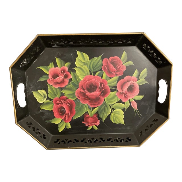 Antique Hand Painted Tole Tray Made for G Fox and Co For Sale