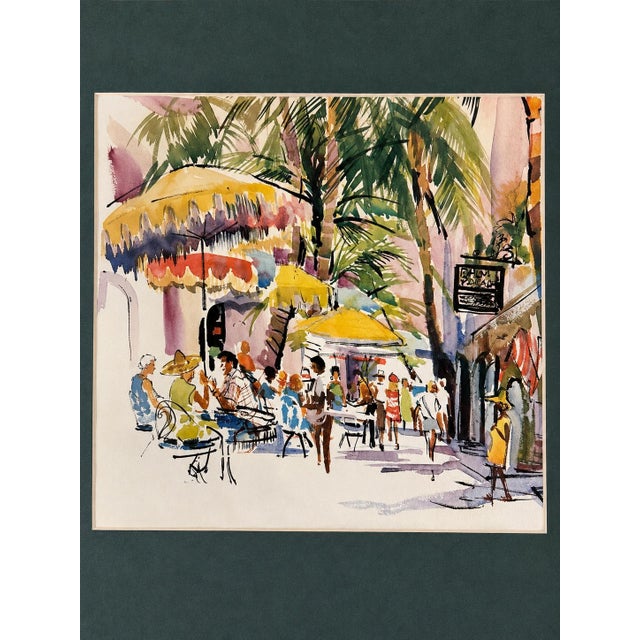 A luminous tropical courtyard scene by acclaimed American watercolorist Cecile Ryden Johnson, evoking the timeless...