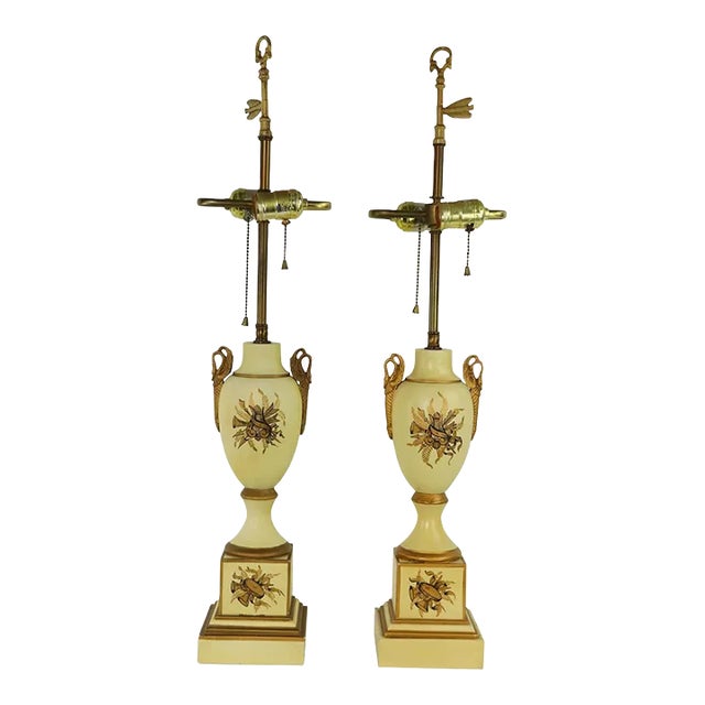Tole Decorated French Empire Revival Table Lamps by Tyndale - A Pair For Sale