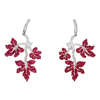 Ruby Diamond Maple Leaf Earrings Estate 1.5" Drops 18k White Gold Fine Jewelry, Pair For Sale