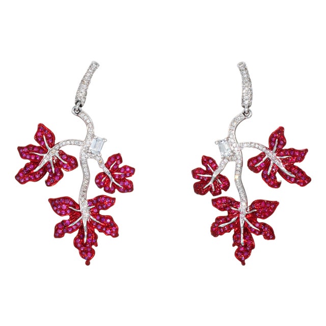 Ruby Diamond Maple Leaf Earrings Estate 1.5" Drops 18k White Gold Fine Jewelry, Pair For Sale