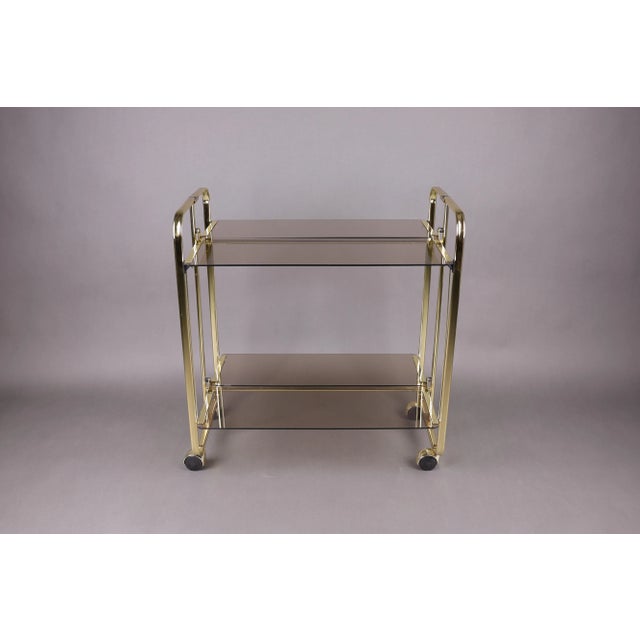 Brown Vintage Folding Bar Cart with Smoked Glass and Gold-Colored Frame, Germany, 1980s For Sale - Image 8 of 16