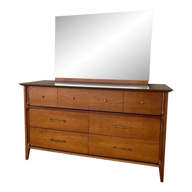 The Basic Witz Company Cherry Mid Century Double 54" Dresser & Mirror For Sale