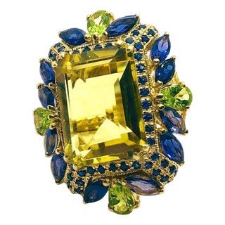 Bochic “Capri” Vintage Sapphire, Peridot & Lemon Quartz Ring — 18K Gold & Silve For Sale