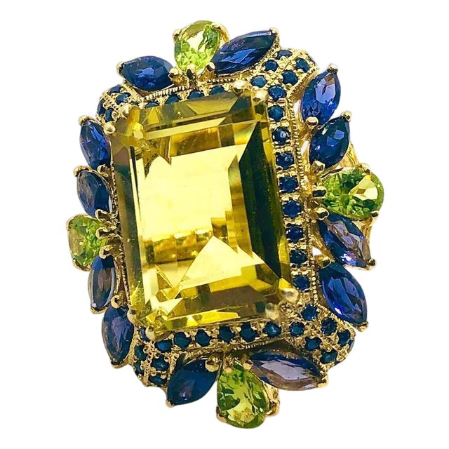 Bochic “Capri” Vintage Sapphire, Peridot & Lemon Quartz Ring — 18K Gold & Silve For Sale
