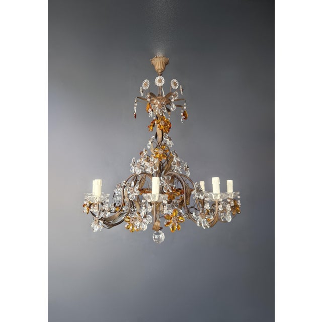 Art Deco 1950s Amber Crystal Glass Brass Flower Chandelier For Sale - Image 3 of 13