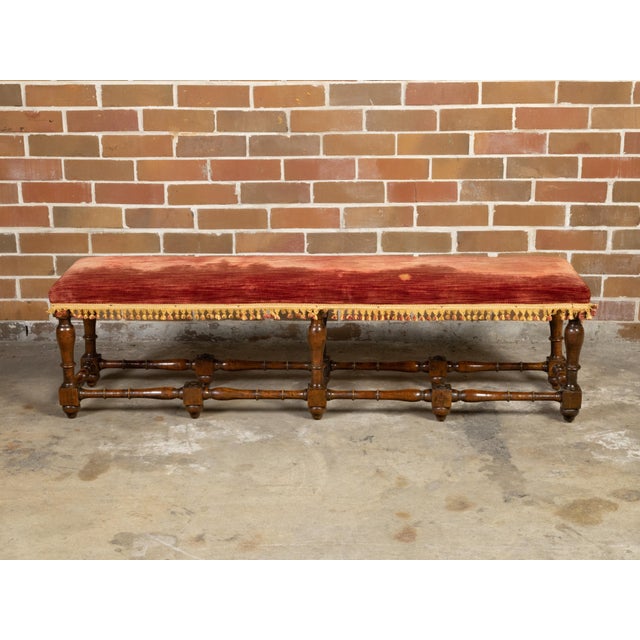 Wood Italian 1820s Walnut Bench with Red Fabric, Turned Legs and Stretchers For Sale - Image 7 of 11