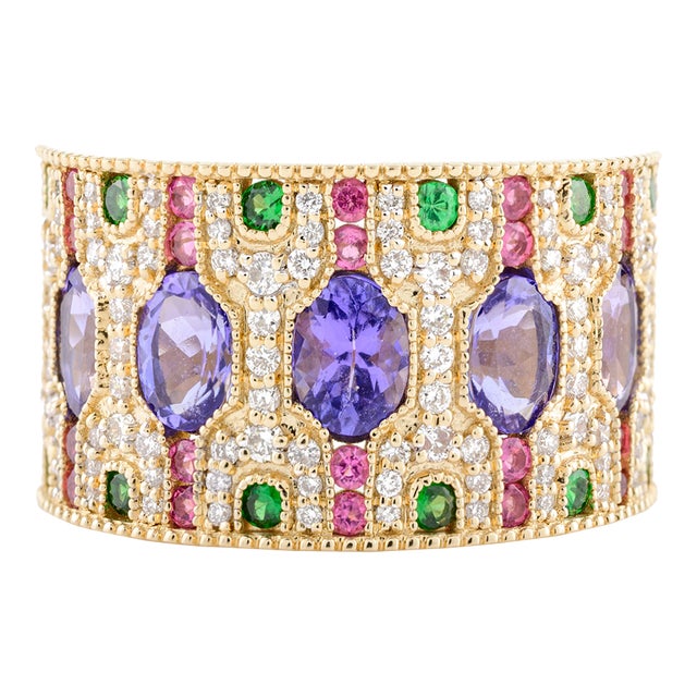 Stately 14k Solid Gold Wide Band With Multi Gem Contemporary Ring Size 7 For Sale