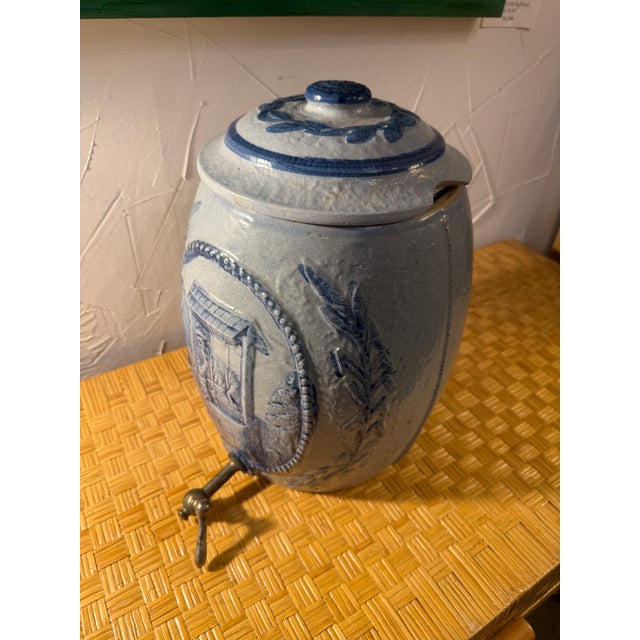 Antique Blue Salt Glazed Stoneware Water Crock With Scene 14"H Roughly 8" diameter of lid Stamped on bottom "Robinson Clay...