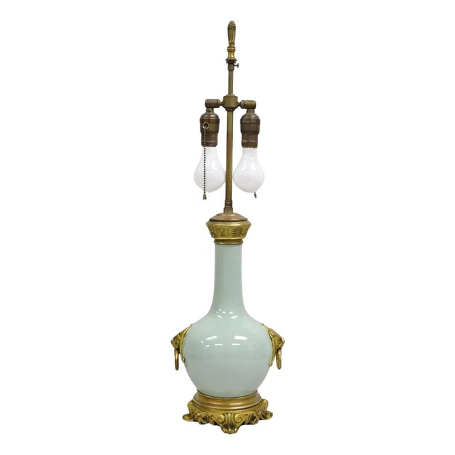 Antique French Celadon Green Bulbous Porcelain Table Lamp With Bronze Lion Ormolu For Sale