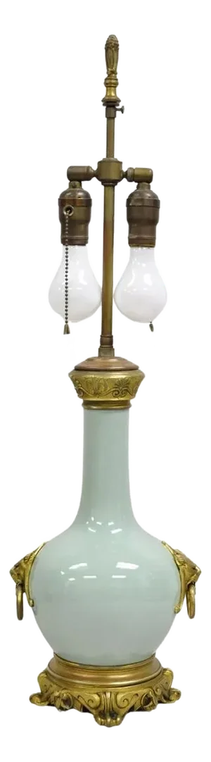 Antique French Celadon Green Bulbous Porcelain Table Lamp With Bronze Lion Ormolu