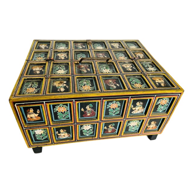 Antique Indian Moghul Dowry Chest Hand Carved Wood Trunk Jewelry Storage For Sale