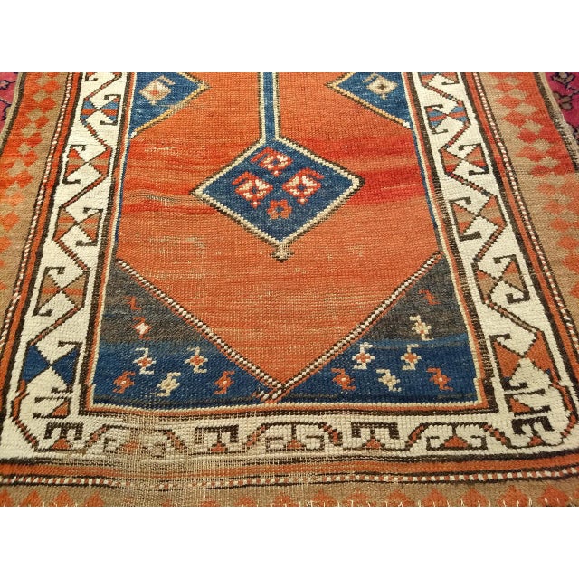 19th Century Persian Kurdish Runner Rug, Hand-Knotted Wool, Geometric Medallion Pattern, Terracotta & Navy, 3x12 For Sale - Image 13 of 16