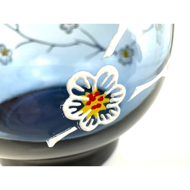 Vintage Organic Modern Blue Glass Floral Tumblers Hand Painted Cocktail Glasses - Set of 8 For Sale In Little Rock - Image 6 of 11