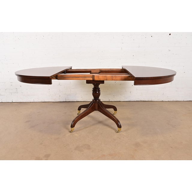Wood Baker Furniture Style Regency Banded Cherry Wood Pedestal Extension Dining Table, Newly Refinished For Sale - Image 7 of 13