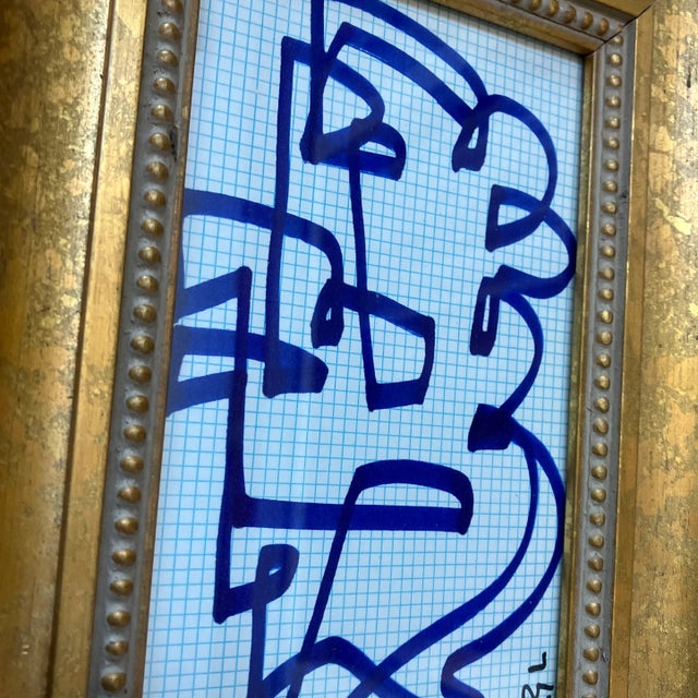 2 original 5 x 8 blue marker drawings done on blue gridded vintage paper both signed Overall size with new old stock frame...