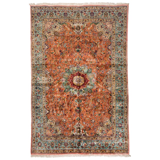 1940s 1940s Persian Rust Green Tabriz Silk Rug with Birds and Animals For Sale - Image 5 of 5