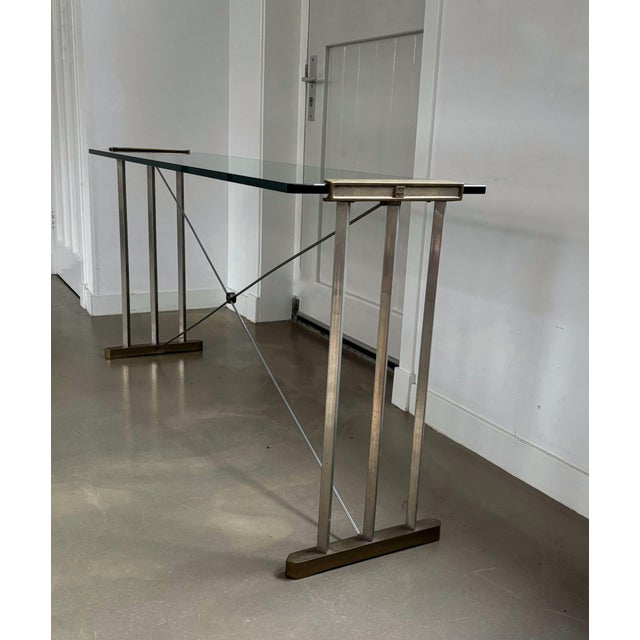 Mid-Century Modern Console Table with Brass Details and Glass Top by Peter Ghyczy, 1970s For Sale - Image 3 of 12