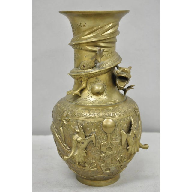 Mid 20th Century Vintage Japanese Dragon Relief Bronze Chinese 10" Oriental Flower Vase - A Pair For Sale - Image 5 of 14