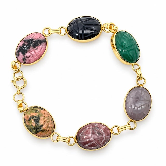 Mid 20th Century Vintage 14k Yellow Gold Multi-Gemstone Carved Scarab Link Bracelet For Sale - Image 5 of 6