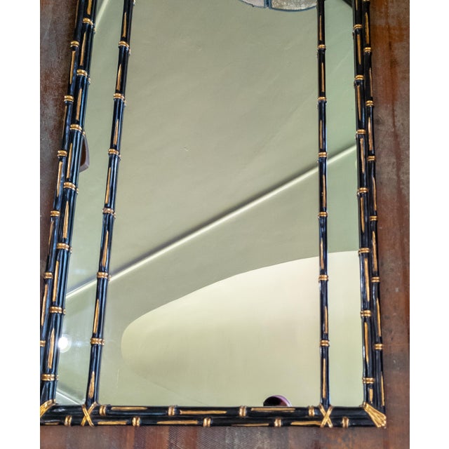 Black Mid-Century Faux Bamboo Chinoiserie Black and Gold Carved Wood Mirror For Sale - Image 8 of 16